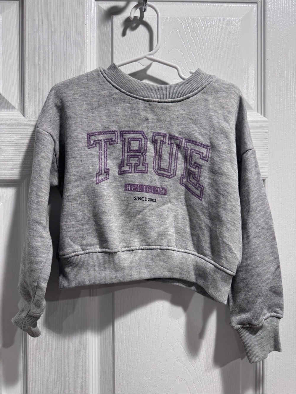 True Religion Gray Cropped Sweatshirt with Purple Logo